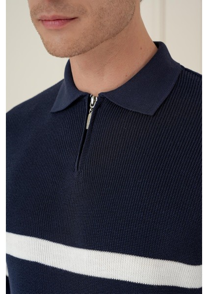 Slim Fit Çizgili Fermuarlı Polo Yaka Lacivert Triko Kazak TR 877 fırsatları