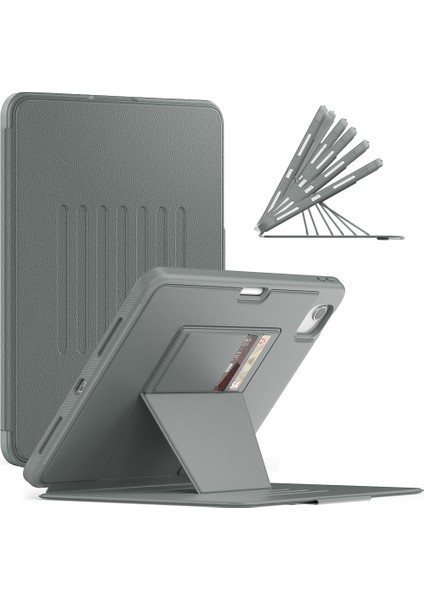 Apple iPad A16 (11. Nesil) 2025 Kartlıklı Multifonksiyonel Manyetik Standlı Kalemlikli Zırhlı Smart Kılıf A3354 A3355