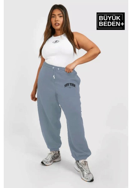 Kadın Büyük Beden Paça Lastikli New York Baskılı Ince Eşofman Altı SPR25BEAK48