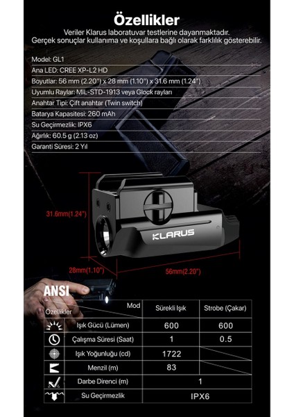 Gl1 Mikro USB Şarjlı Kompakt Taktik Tabanca Feneri