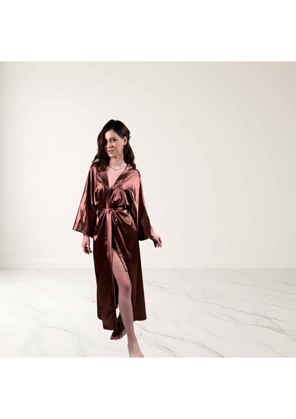 Taba Kahverengi Ipek Saten Kimono | Uzun Kuşaklı Kadın Sabahlık | Rahat ve Şık Ev Giyimi fiyatları