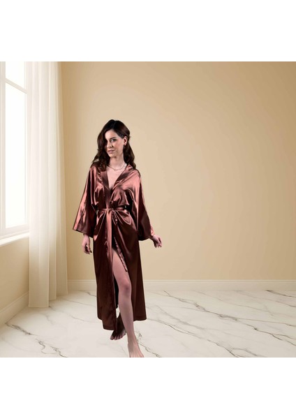 Taba Kahverengi Ipek Saten Kimono | Uzun Kuşaklı Kadın Sabahlık | Rahat ve Şık Ev Giyimi fırsatları