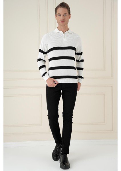Slim Fit Çizgili Fermuarlı Polo Yaka Ekru Triko Kazak TR 877