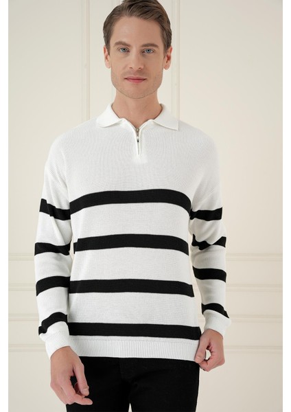 Slim Fit Çizgili Fermuarlı Polo Yaka Ekru Triko Kazak TR 877 modelleri