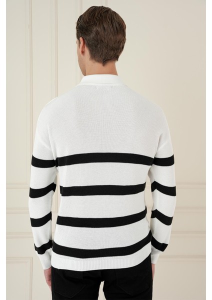 Slim Fit Çizgili Fermuarlı Polo Yaka Ekru Triko Kazak TR 877 fırsatları