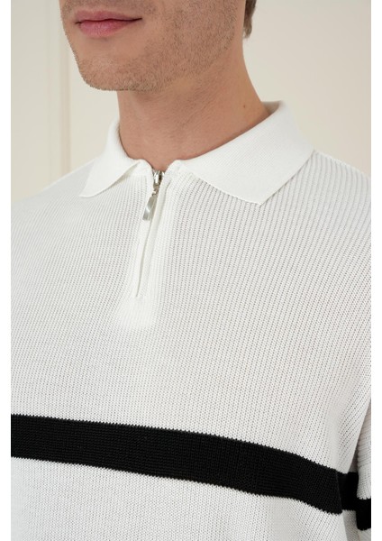 Slim Fit Çizgili Fermuarlı Polo Yaka Ekru Triko Kazak TR 877 indirimleri