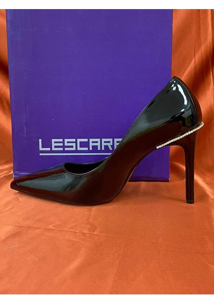 LES018 Siyah Rugan Kadın Topuklu Ayakkabı Stiletto