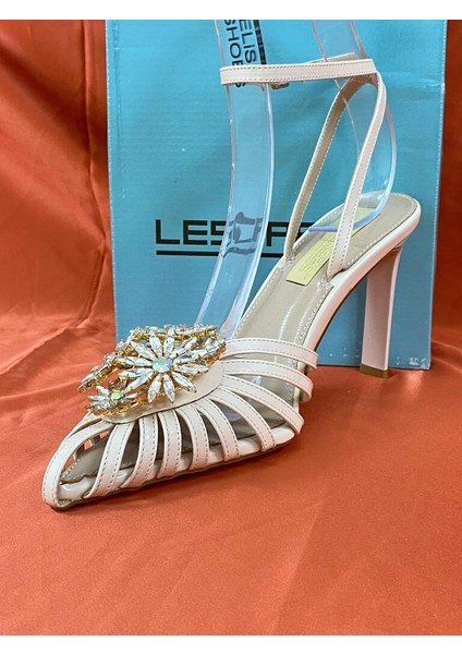 LES013 Bej Önü Çiçek Taş Işlemeli Abiye Ayakkabı Stiletto fiyatları