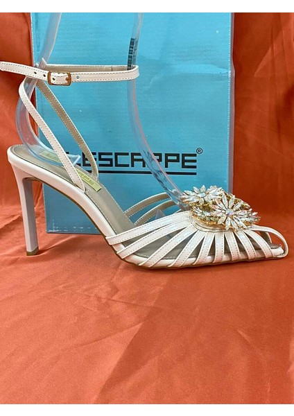 LES013 Bej Önü Çiçek Taş Işlemeli Abiye Ayakkabı Stiletto fırsatları