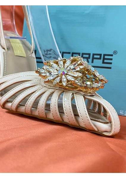 LES013 Bej Önü Çiçek Taş Işlemeli Abiye Ayakkabı Stiletto indirimleri
