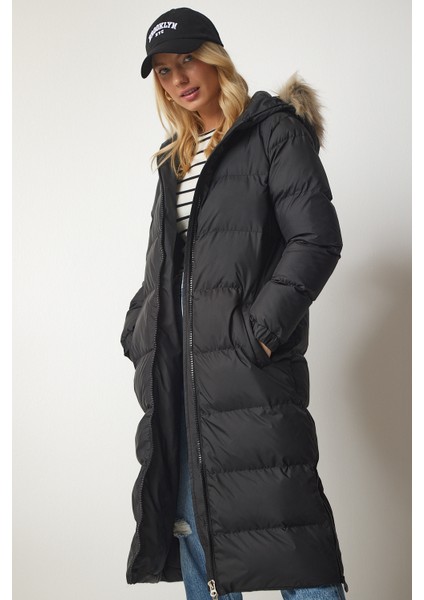 Kapüşonlu Uzun Şişme Kaban LVP0005 Siyah