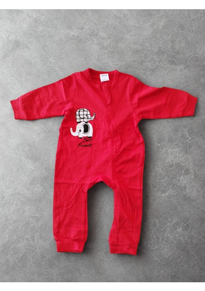 Fil Resim Bisiklet Yaka Uzun Kollu Patisiz Pamuklu Fermuarlı Tulum