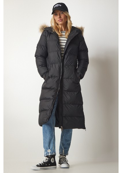 Kapüşonlu Uzun Şişme Kaban LVP0005 Siyah fırsatları