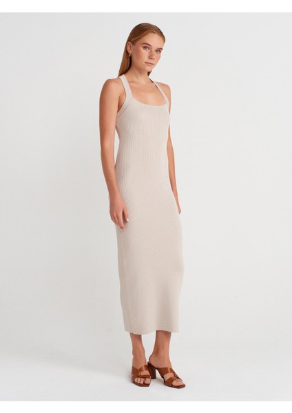 90253 Halter Yaka Fitilli Triko Elbise-Taş