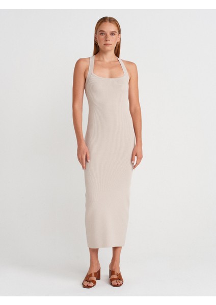 90253 Halter Yaka Fitilli Triko Elbise-Taş fırsatları