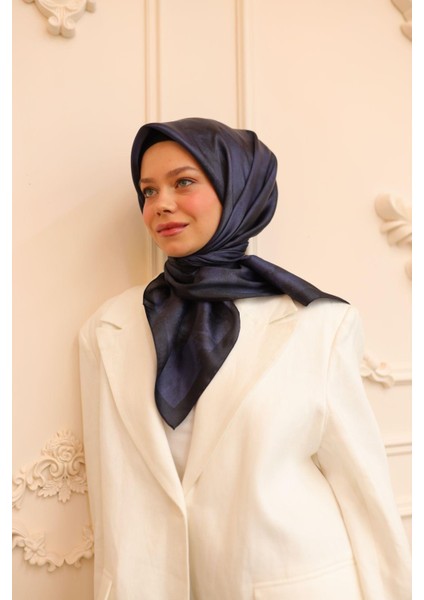 Desenli Shiny Eşarp - 8647 - Koyu Lacivert