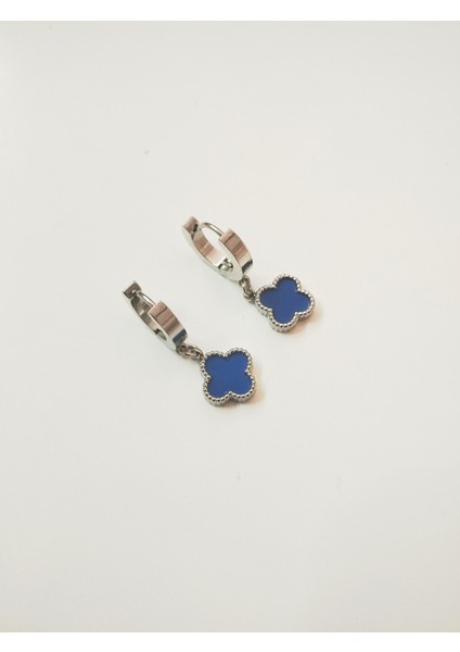 Çelik Lacivert Yonca Gümüş Renk Küpe