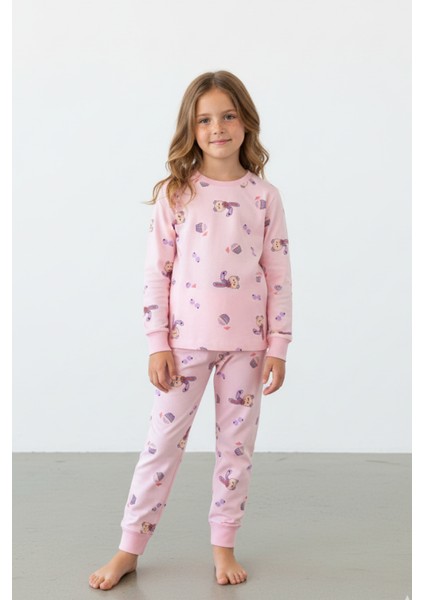 Sevimli Tavşan Blueberry Desenli Kız Çocuk Pijama Takımı - Pamuklu Interlok Kumaş