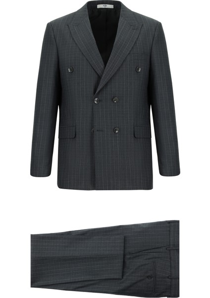 Regular Fit Yünlü Çizgili Kruvaze Takım Elbise