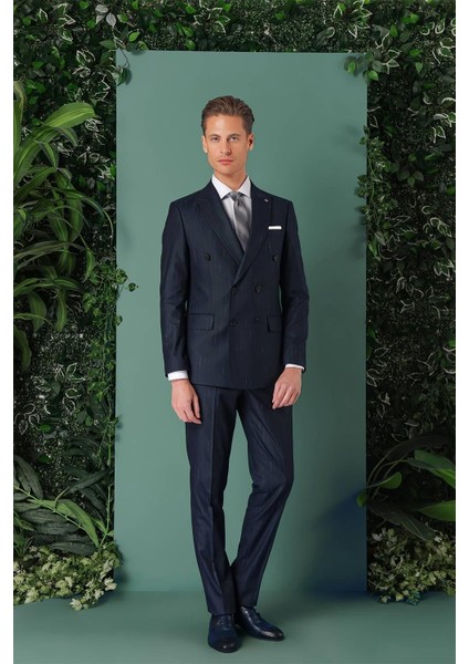 Slim Fit Yağmur Deseni Çizgili Kruvaze Klasik Lacivert Takım Elbise Tk 888