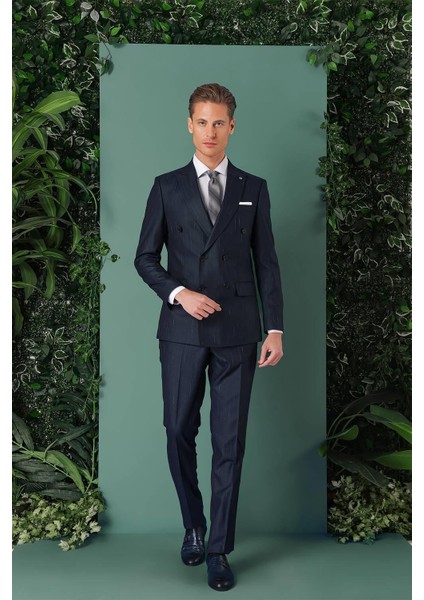 Slim Fit Yağmur Deseni Çizgili Kruvaze Klasik Lacivert Takım Elbise Tk 888 fiyatları