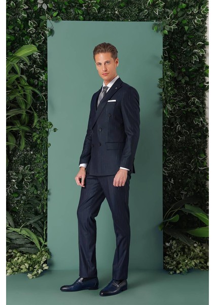 Slim Fit Yağmur Deseni Çizgili Kruvaze Klasik Lacivert Takım Elbise Tk 888 modelleri