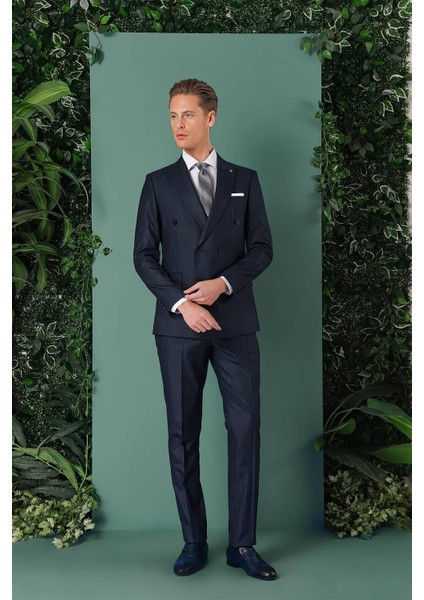 Slim Fit Yağmur Deseni Çizgili Kruvaze Klasik Lacivert Takım Elbise Tk 888 fırsatları