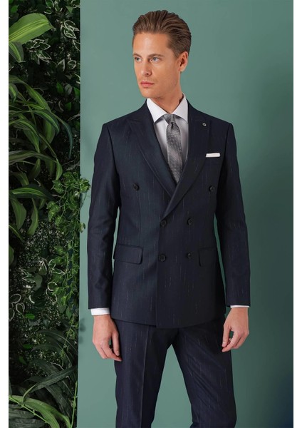 Slim Fit Yağmur Deseni Çizgili Kruvaze Klasik Lacivert Takım Elbise Tk 888 indirimleri