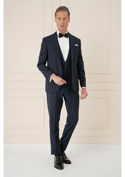 Black 078 Slim Fit Çıkma Saten Yaka Cerutti Kumaş Yelekli Lacivert Damatlık Smokin Takım