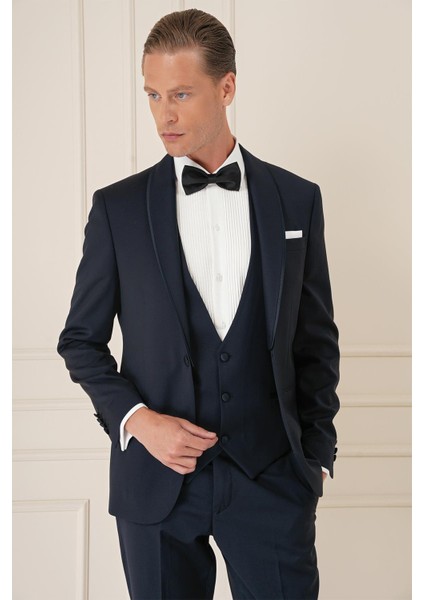 Black 078 Slim Fit Çıkma Saten Yaka Cerutti Kumaş Yelekli Lacivert Damatlık Smokin Takım fiyatları