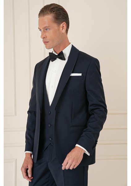Black 078 Slim Fit Çıkma Saten Yaka Cerutti Kumaş Yelekli Lacivert Damatlık Smokin Takım modelleri