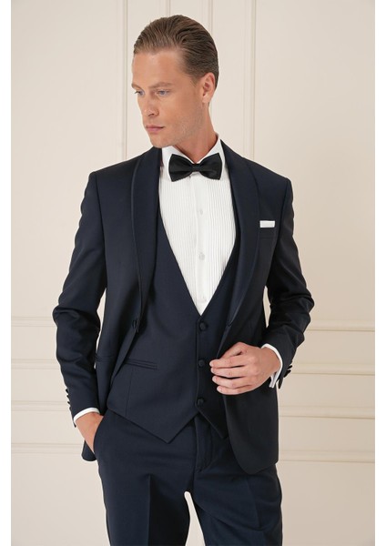 Black 078 Slim Fit Çıkma Saten Yaka Cerutti Kumaş Yelekli Lacivert Damatlık Smokin Takım fırsatları