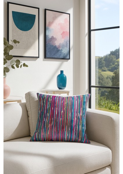 Şerit Kadife Kırlent Kılıfı Pembe 43X43