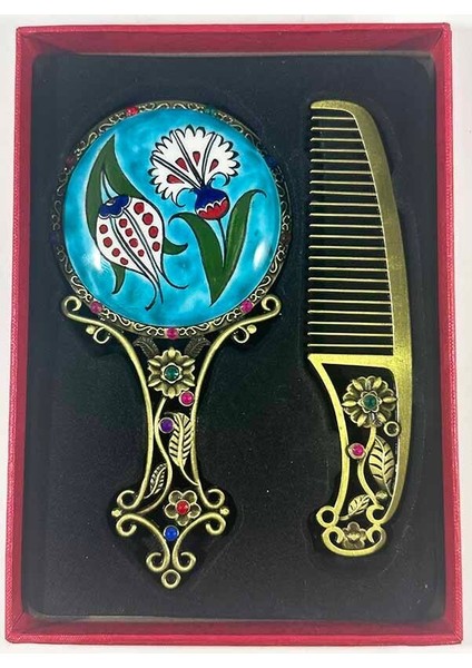 Turkuaz Zemin Lale ve Karanfil Ayna Seti