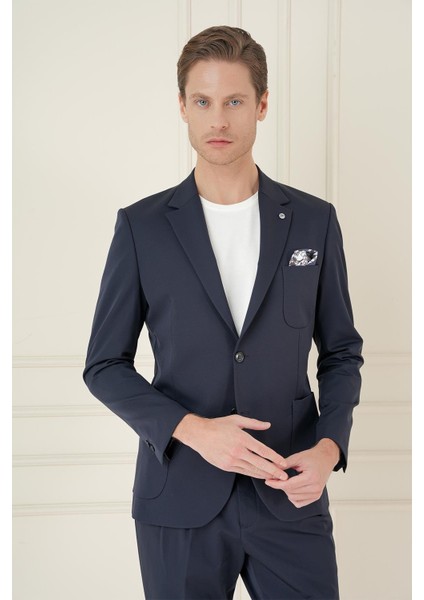 Slim Fit Mono Yaka Çift Yırtmaç Torba Cep Casual Lacivert Ceket C 697
