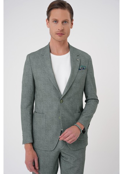 Comfort Fit Mono Yaka Çift Yırtmaç Torba Cep Casual Yeşil Ceket C 701