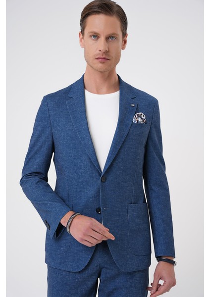 Comfort Fit Mono Yaka Çift Yırtmaç Torba Cep Casual Gece Mavisi Ceket C 701