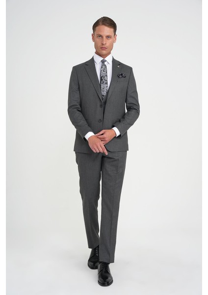 Slim Fit Çift Yırtmaç Balıksırtı Desenli Yelekli Füme Takım Elbise Tk 923