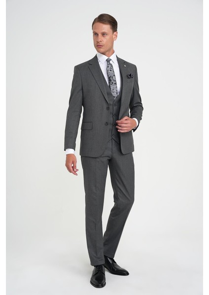 Slim Fit Çift Yırtmaç Balıksırtı Desenli Yelekli Füme Takım Elbise Tk 923 fiyatları