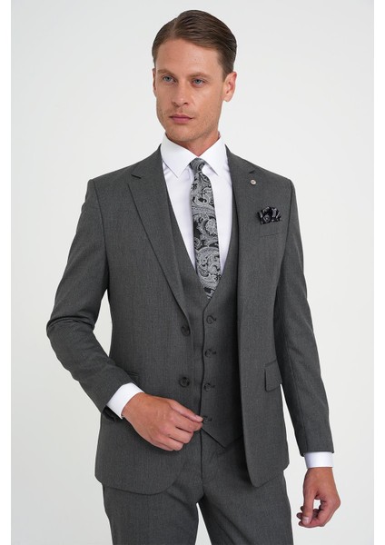 Slim Fit Çift Yırtmaç Balıksırtı Desenli Yelekli Füme Takım Elbise Tk 923 modelleri