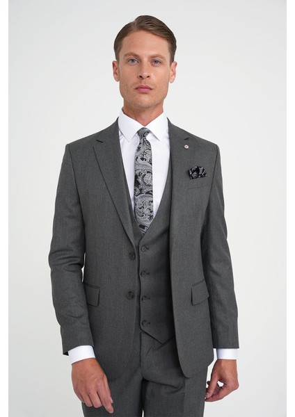 Slim Fit Çift Yırtmaç Balıksırtı Desenli Yelekli Füme Takım Elbise Tk 923 fırsatları