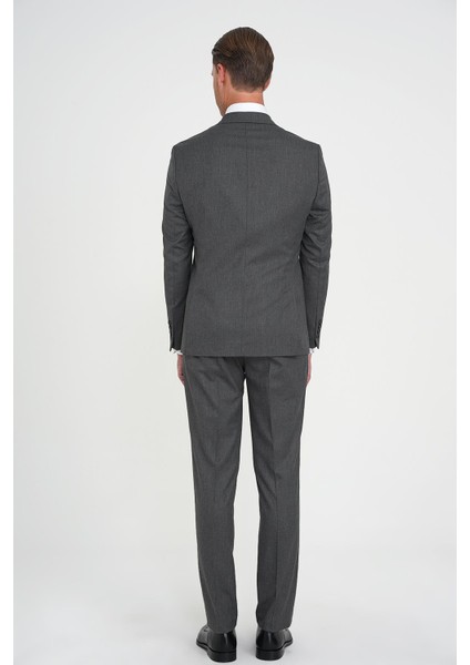 Slim Fit Çift Yırtmaç Balıksırtı Desenli Yelekli Füme Takım Elbise Tk 923 indirimleri