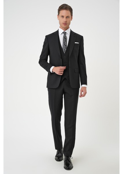 Slim Fit Düz Esnek Yelekli Klasik Siyah Takım Elbise Tk 894