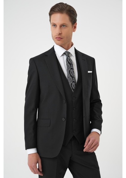 Slim Fit Düz Esnek Yelekli Klasik Siyah Takım Elbise Tk 894 modelleri