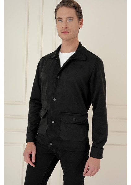 Comfort Fit Mono Yaka Kapaklı Cep Casual Siyah Ceket C 699