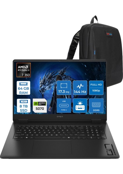 Omen 17-DB1005NT Amd Ryzen Aı 7 350 64GB Ddr5 8tb SSD RTX5070 8gb Gddr7 17.3 Inç Fullhd (1920 x 1080) 144Hz 7ms 300NITS IPS Freedos Taşınabilir Bilgisayar C67G2EAF36 + Zetta Çanta
