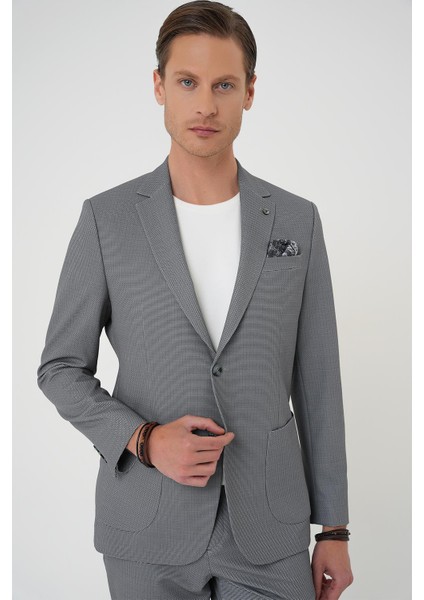 Comfort Fit Mono Yaka Çift Yırtmaç Torba Cep Kendinden Desenli Casual Siyah Ceket C 705 indirimleri