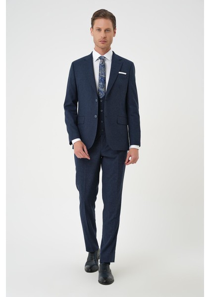 Slim Fit Çift Yırtmaç Keten Karışımlı Yelekli Klasik Lacivert Takım Elbise Tk 914