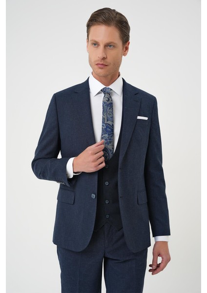 Slim Fit Çift Yırtmaç Keten Karışımlı Yelekli Klasik Lacivert Takım Elbise Tk 914 modelleri