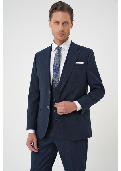 Slim Fit Çift Yırtmaç Keten Karışımlı Yelekli Klasik Lacivert Takım Elbise Tk 914 fırsatları